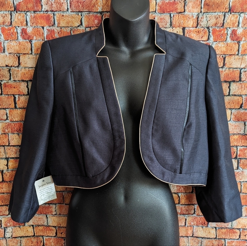 NWT Jacques Vert 3/4 Sleeve Cropped Blazer Bolero Jacket Size 12 Charcoal Grey
